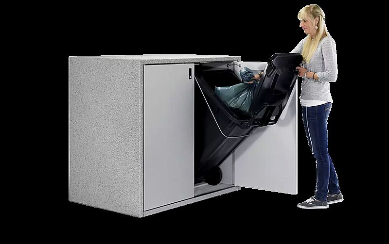 Müllbehälter-Doppelschrank SWANLEY, Korpus procarat® mixed, Türen in RAL 9006 weißaluminium mit Klapphebelverschluss