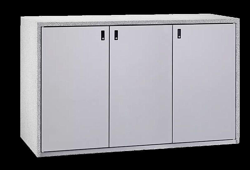 Müllbehälter-Dreifachschrank SWANLEY, Korpus procarat® mixed, Türen in RAL 9006 weißalumimium mit Klapphebelverschluss