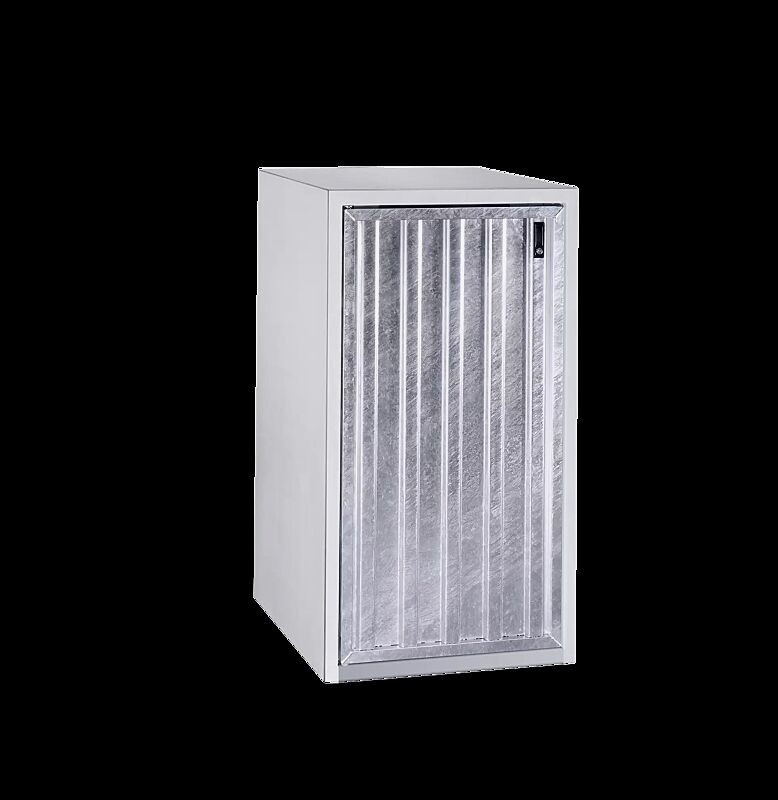 Müllbehälterschrank KENORA, Einzelschrank, Korpus Sichtbeton glatt, Türblatt feuerverzinkt in Trapezprofil