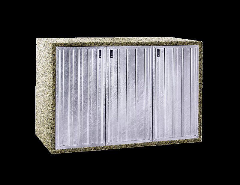 Müllbehälterschrank KENORA, Dreifachschrank, Korpus Sichtbeton gewaschen Rheinkies 8/16, Türblatt feuerverzinkt in Trapezprofi