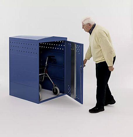 <div id=""container"" class=""container"">Rollatorgarage LEXINGTON NEW, Grundeinheit mit Giebeldach, Türanschlag DIN rechts, Stahlkonstruktion in RAL 5000 violettblau</div>