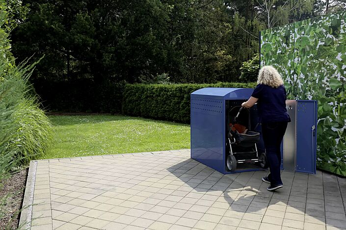 <div id=""container"" class=""container"">Kinderwagenbox LEXINGTON NEW, Grundeinheit mit Bogendach, Türanschlag DIN rechts, Stahlkonstruktion in RAL 5000 violettblau</div>