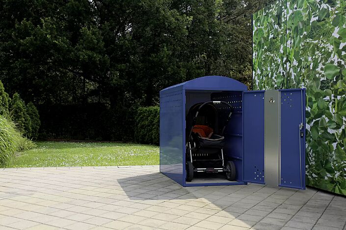 <div id=""container"" class=""container"">Kinderwagenbox LEXINGTON NEW, Grundeinheit mit Bogendach, Türanschlag DIN rechts, Rahmen, Stahlkonstruktion in RAL 5000 violettblau</div>