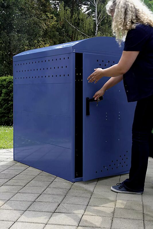 Kinderwagenbox LEXINGTON NEW, Grundeinheit mit Bogendach, Türanschlag DIN rechts, Stahlkonstruktion in RAL 5000 violettblau