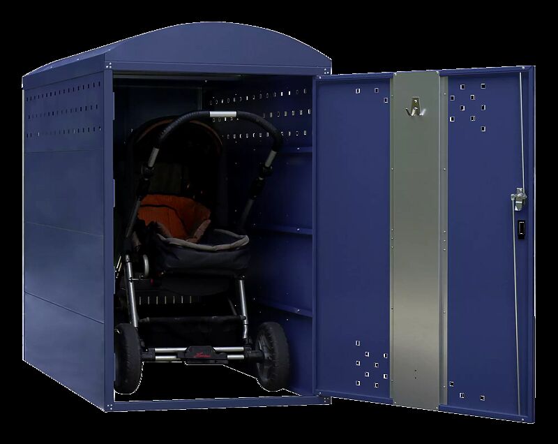 Kinderwagenbox LEXINGTON NEW, Grundeinheit mit Bogendach, Türanschlag DIN rechts, Stahlkonstruktion in RAL 5002 ultramarinblau