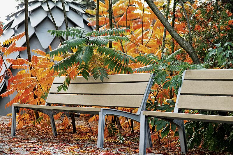 Sitzbank MIELA mit Rückenlehne, mit Resysta®-Belattung, lasiert in natur