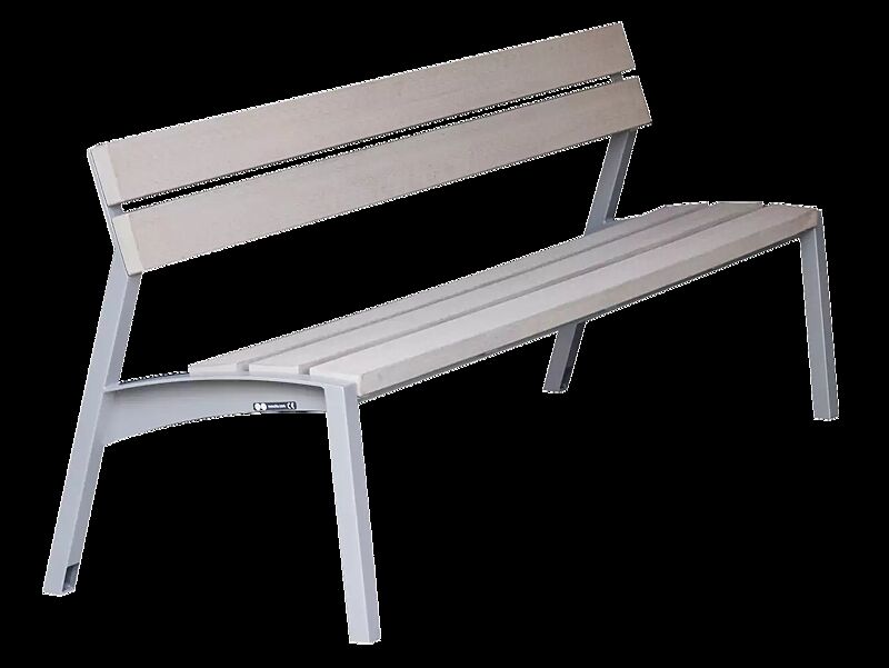 Sitzbank VERA mit Rückenlehne, mit Resysta®-Belattung, lasiert in natur, Stahlteile in RAL 9007 graualuminium