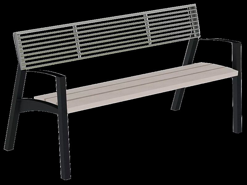 Sitzbank VERA mit Rückenlehne aus Rundstahl und Armlehnen, Sitzfläche mit Resysta®-Belattung, lasiert in natur, Stahlteile in RAL 7016 anthrazitgrau