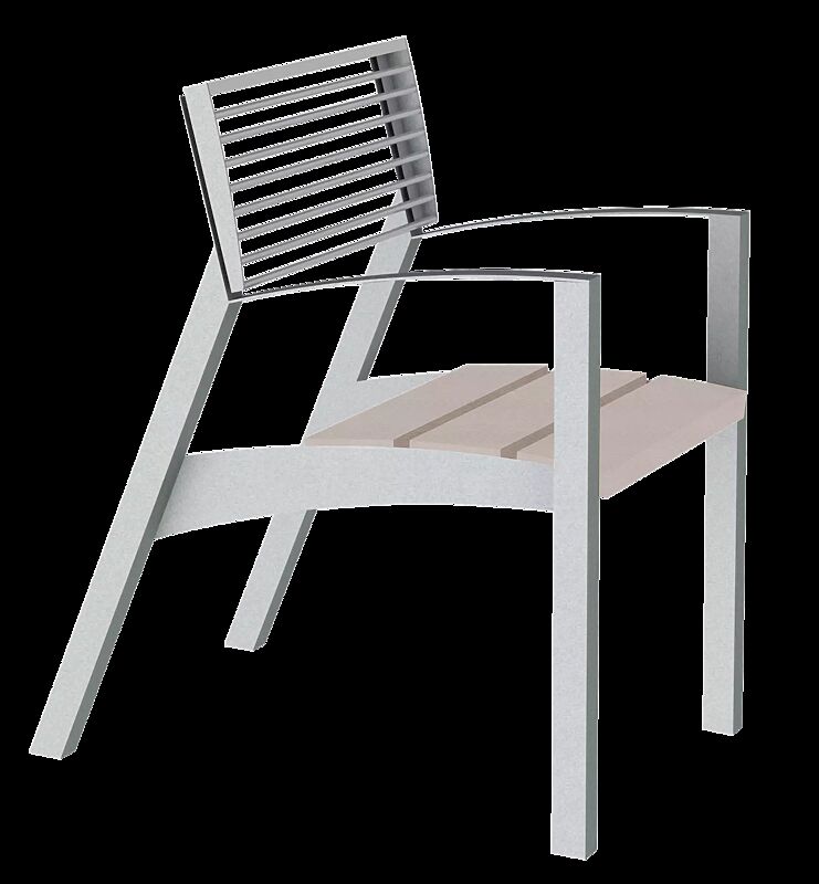 Sitz VERA mit Rückenlehne aus Rundstahl und Armlehnen, Sitzfläche mit Resysta®-Belattung, lasiert in natur, Stahlteile in 9007 graualuminium