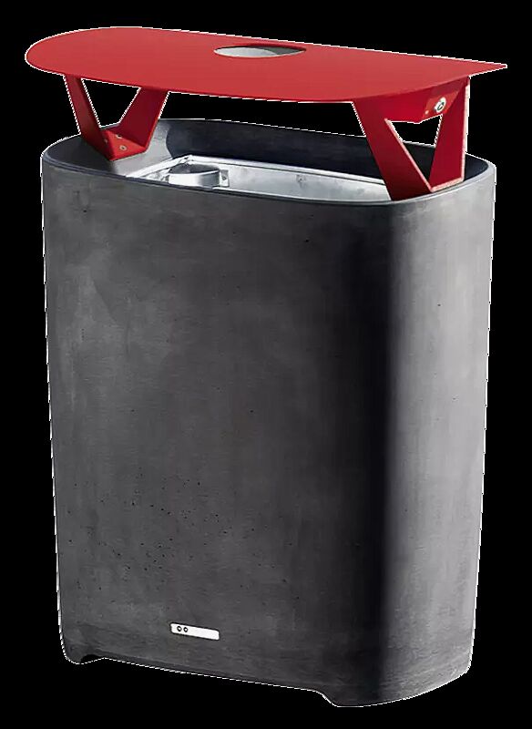 Abfallbehälter BETTER mit Schutzdach und Ascher, Behälter in dunkelgrau, Schutzdach in RAL 3020 verkehrsrot