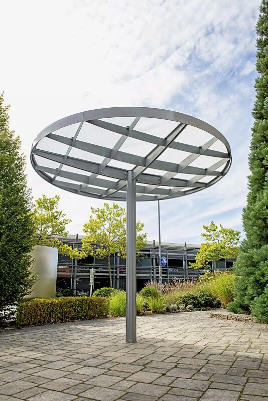 Meeting-Point PIN, Ø 3500 mm, Dacheindeckung VSG, Klarglas, Stahlkonstruktion in RAL 9007 graualuminium