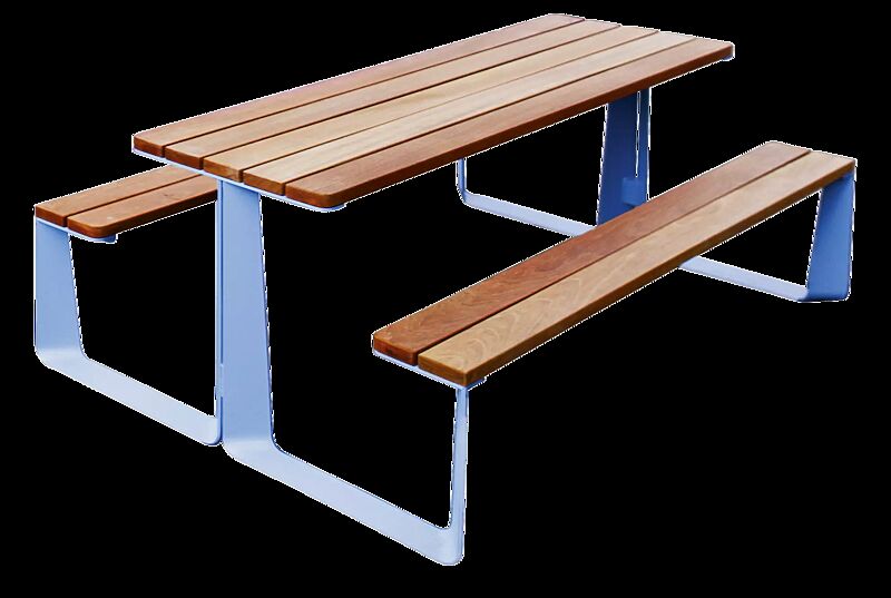 Bank-Tisch-Kombination RAUTSTER, doppelseitig, mit Jatobaholzbelattung, Stahlteile in RAL 5024 pastellblau