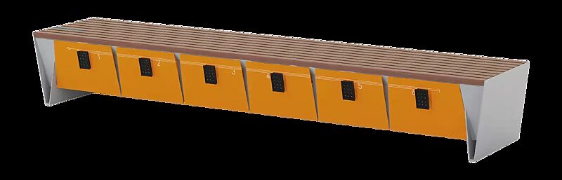 Sitzbank EBLOCQ mit Jatobaholzbelattung, mit Zahlenschloss, Stahteile in RAL 9006 weißaluminium, Türen in RAL 2004 reinorange