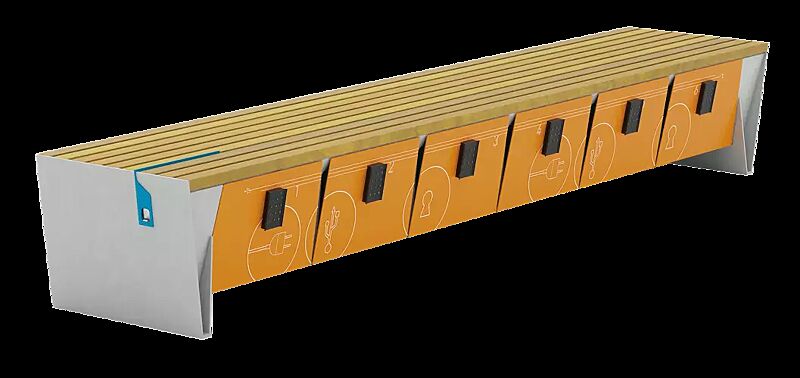 Sitzbank EBLOCQ mit Robinienholzbelattung, mit Zahlenschloss, Stahteile in RAL 9006 weißaluminium, Türen in RAL 2004 reinorange