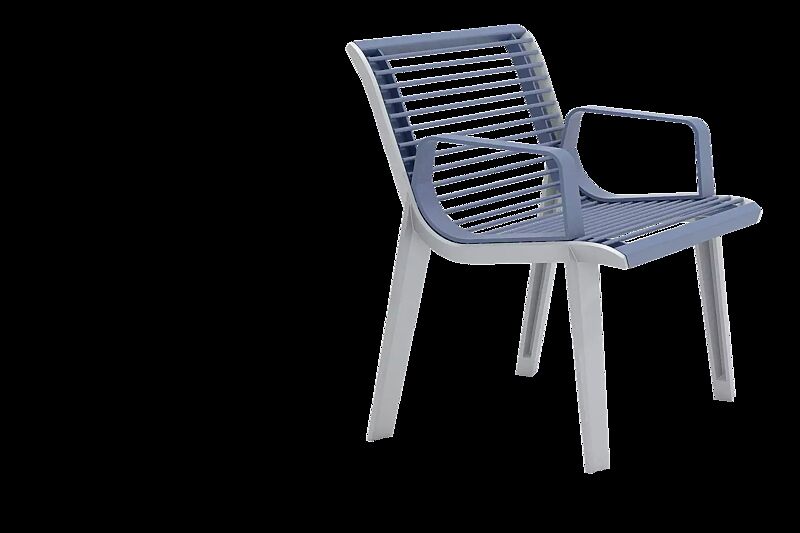 Sitz EMAU mit Rückenlehne und Armlehnen, Auflage Stahl, Stahlteile in RAL 5024 pastellblau