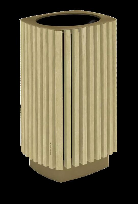 Abfallbehälter QUINBIN, quadratisch abgerundet, Korpus: Robinienholzbelattung, Stahlteile in RAL 8024 beigebraun