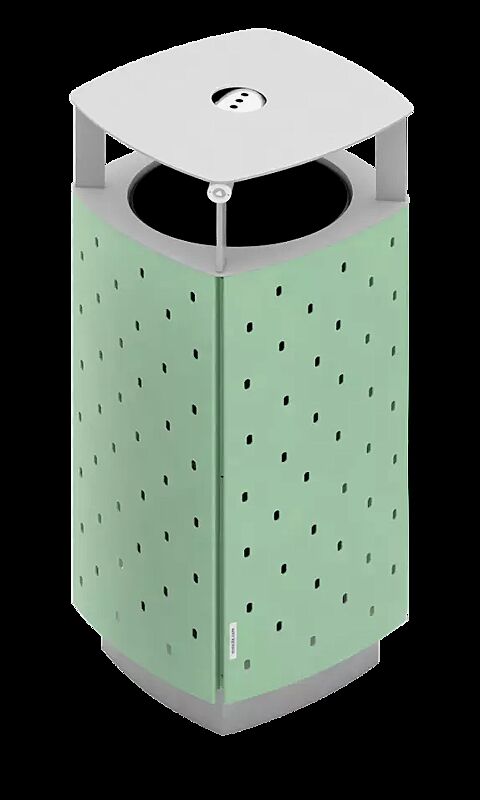 Abfallbehälter QUINBIN, quadratisch abgerundet, mit Schutzdach und Ascher, Korpus: gestanztes Stahlblech, Stahlteile in RAL 6027 lichtgrün und RAL 9006 weißaluminium