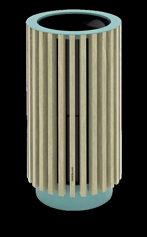 Abfallbehälter QUINBIN, rund, Korpus: Resysta®-Belattung lasiert in natur, Stahlteile in RAL 6027 lichtgrün