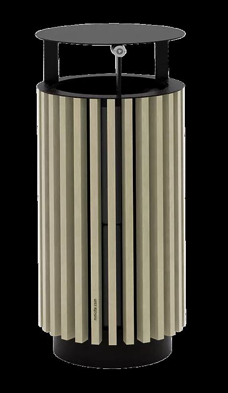 Abfallbehälter QUINBIN, rund, mit Schutzdach, Korpus: Resysta®-Belattung lasiert in natur, Stahlteile in RAL 7016 anthrazitgrau