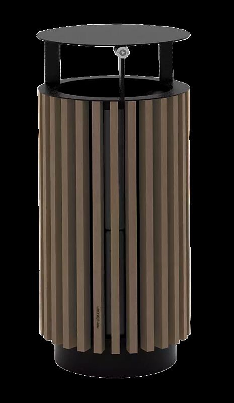 Abfallbehälter QUINBIN, rund, mit Schutzdach, Korpus: Resysta®-Belattung lasiert in siam, Stahlteile in RAL 7016 anthrazitgrau