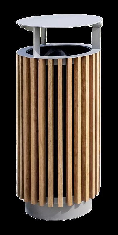 Abfallbehälter QUINBIN, rund, mit Schutzdach, Korpus: Jatobaholzbelattung, Stahlteile in RAL 9007 graualuminium