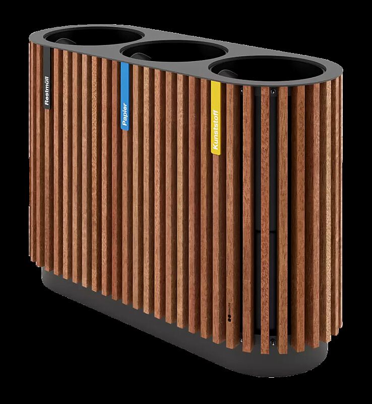 Abfallbehälter QUINBIN TRIO ohne Schutzdach, Korpus: Jatobaholzbelattung, Stahlteile in RAL 7016 anthrazitgrau