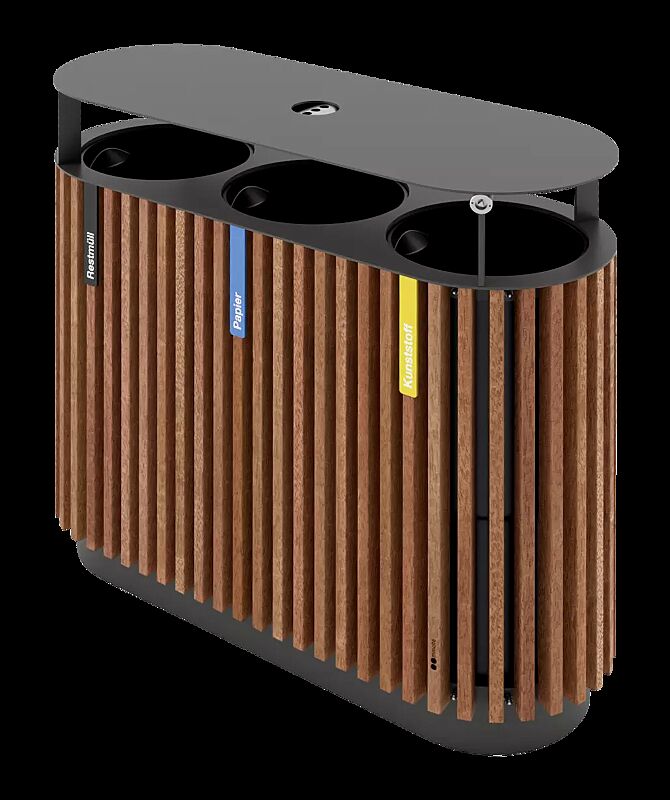 Abfallbehälter QUINBIN TRIO mit Schutzdach, mit Ascher, Korpus: Jatobaholzbelattung, Stahlteile in RAL 7016 anthrazitgrau