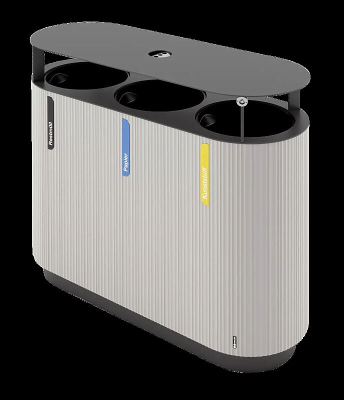 Abfallbehälter QUINBIN TRIO mit Schutzdach, mit Ascher, Korpus: Aluminiumprofile in RAL 9006 weißaluminium, Stahlteile in RAL 7016 anthrazitgrau