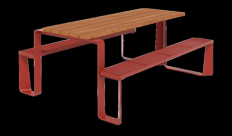 Bank-Tisch-Kombination RAUTSTER, einseitig barrierefrei, Tisch mit Jatobaholzbelattung, Stahlteile in RAL 3016 korallenrot