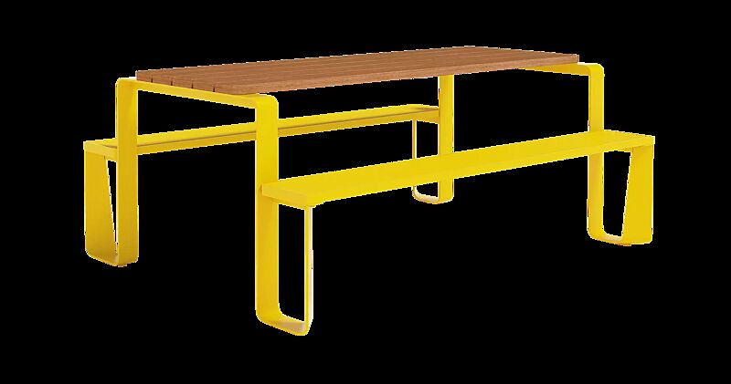 Bank-Tisch-Kombination RAUTSTER, beidseitig barrierefrei, Tisch mit Jatobaholzbelattung, Stahlteile in RAL 1021 rapsgelb