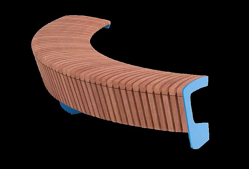 Sitzbank LANDSCAPE COMPACT ohne Rückenlehne, einseitig, gebogen, Bankform Außenradius, mit Jatobaholzbelattung, Stahlteile in RAL 5015 himmelblau