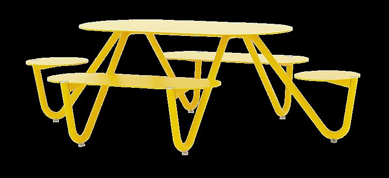 Bank-Tisch-Kombination ORBIT mit ovalem Tisch, 6-Sitzer, Aluminium-Auflage und Stahlteile in RAL 1021 rapsgelb
