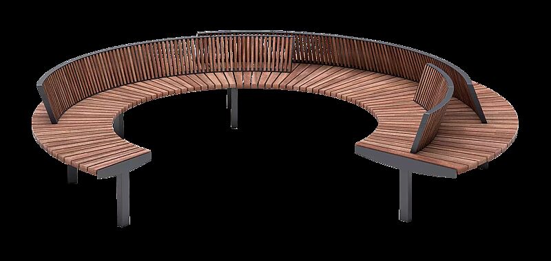 Rundbank LAGO mit drei Rückenlehnen, Breite 3700 mm, mit Jatobaholzbelattung, Stahlteile in RAL 7016 anthrazitgrau