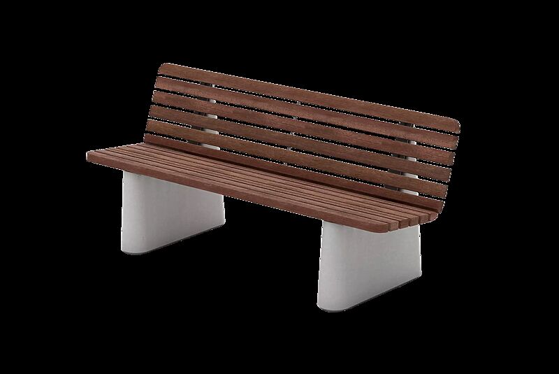 Sitzbank REFORMA mit breiter Rückenlehne, gerade, mit Längsbelattung, mit Jatobaholzbelattung, HSC®-Beton in hellgrau