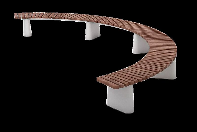 Sitzbank REFORMA ohne Rückenlehne, gebogen -135°, mit Querbelattung, mit Jatobaholzbelattung, HSC®-Beton in hellgrau