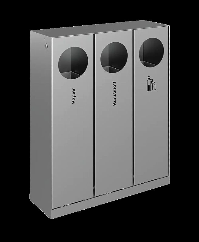 Abfallbehälter CRYSTAL TRIO ohne Ascher, 3 x 32 Liter, ohne Einwurfklappe, Edelstahl, Siebdruck in RAL 9005 tiefschwarz