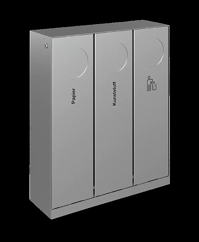 Abfallbehälter CRYSTAL TRIO ohne Ascher, 3 x 32 Liter, mit Einwurfklappe, Edelstahl, Siebdruck in RAL 9005 tiefschwarz