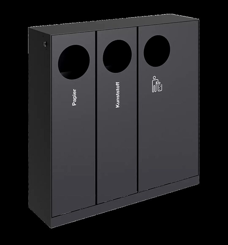 Abfallbehälter CRYSTAL TRIO ohne Ascher, 2 x 32 Liter und 1 x 55 Liter, ohne Einwurfklappe, in RAL 7016 anthrazitgrau, Siebdruck in RAL 9003 signalweiß