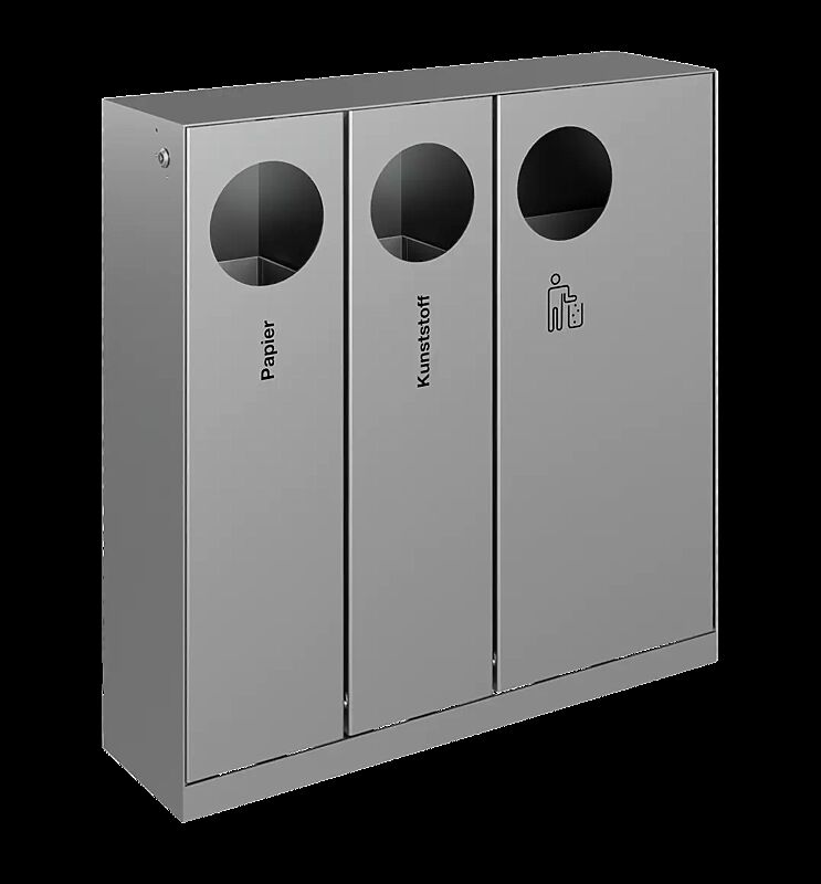 Abfallbehälter CRYSTAL TRIO ohne Ascher, 2 x 32 Liter und 1 x 55 Liter, ohne Einwurfklappe, Edelstahl, Siebdruck in RAL 9005 tiefschwarz