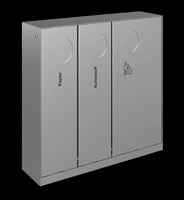 Abfallbehälter CRYSTAL TRIO ohne Ascher, 2 x 32 Liter und 1 x 55 Liter, mit Einwurfklappe, Edelstahl, Siebdruck in RAL 9005 tiefschwarz