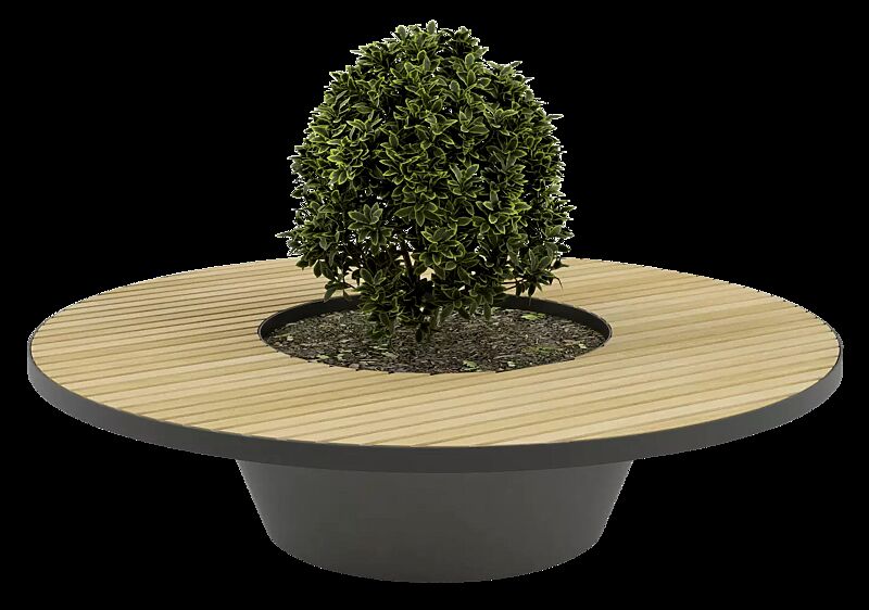 Sitzelement CONICS mit Robinienholzbelattung, Breite 1760 mm, HPC-Beton in dunkelgrau, inkl. Pflanzeinfassung, Stahlteile in RAL 7021 schwarzgrau