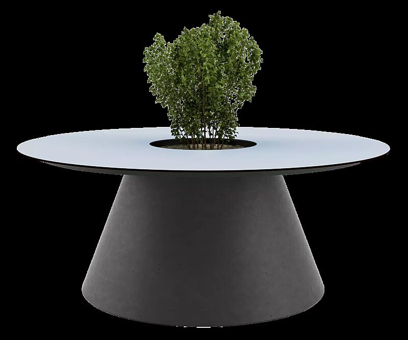 Tisch CONICS mit HPL-Auflage in Glacier blue 0706, inkl. Pflanzeinfassung, HPC-Beton in dunkelgrau