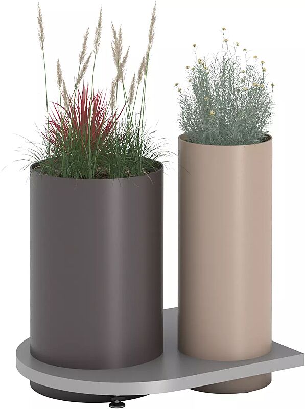 Pflanzbehälter POLYS mit halbrunder Plattform, mit zwei zylindrischen Behältern in RAL 8019 graubraun und RAL 1019 graubeige