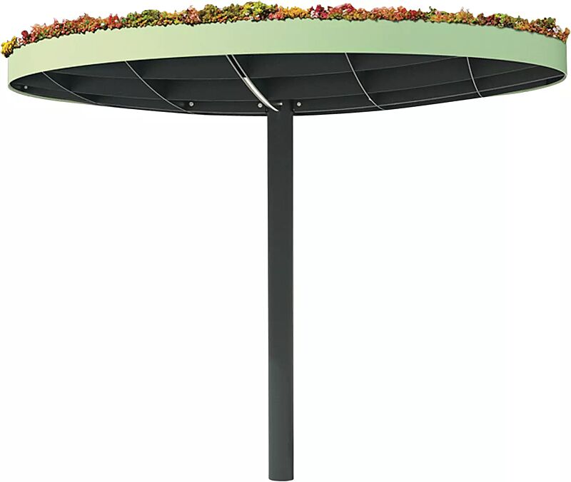 Meeting-Point PIN GREEN, Ø 3505 mm, mit bauseitiger Dachbegrünung, Stahlteile in RAL 6019 weißgrün und RAL 7016 anthrazitgrau