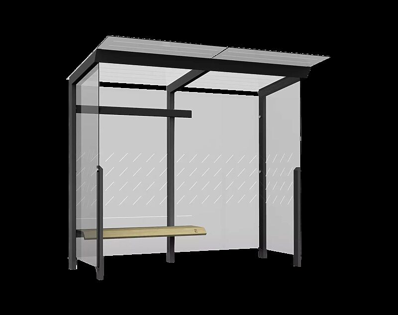 Wartehalle TRAXO, Dachbreite x Dachtiefe 2800 mm x 1740 mm, inkl. Rück- / Seitewände ESG, Klarglas, mit Siebdruckdekor, Sitzbank davorstehend links, Stahlkonstruktion in RAL 7016 anthrazitgrau