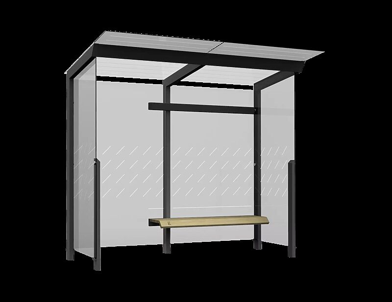 Wartehalle TRAXO, Dachbreite x Dachtiefe 2800 mm x 1740 mm, inkl. Rück- / Seitewände ESG, Klarglas, mit Siebdruckdekor, Sitzbank davorstehend rechts, Stahlkonstruktion in RAL 7016 anthrazitgrau