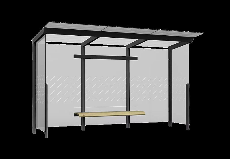 Wartehalle TRAXO, Dachbreite x Dachtiefe 4170 mm x 1740 mm, inkl. Rück- / Seitewände ESG, Klarglas, mit Siebdruckdekor, Sitzbank mittig, Stahlkonstruktion in RAL 7016 anthrazitgrau