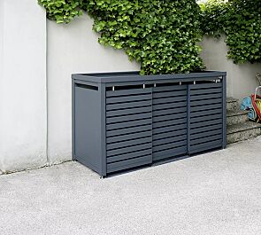 Müllbehälter-Dreifachschrank STYELOUT® LINIS mit Pflanzdach, Aluminiumkonstruktion und Schiebetüren in RAL 7011 eisengrau