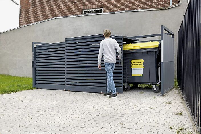 Müllbehälter-Dreifachschrank STYLEOUT® LINIS 1100, Stahlkonstruktion, Tür, Rück- und Seitenwände in RAL 7016 anthrazitgrau, Dach in Aluminium eloxiert