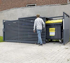 Müllbehälter-Dreifachschrank STYLEOUT® LINIS 1100, Stahlkonstruktion, Tür, Rück- und Seitenwände in RAL 7016 anthrazitgrau, Dach in Aluminium eloxiert